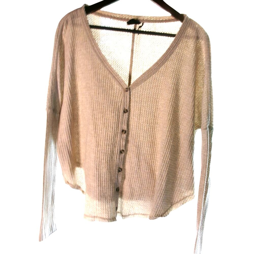 Out From Under Waffle Knit Henley Top Beige Raw Hem Long Sleeve Medium